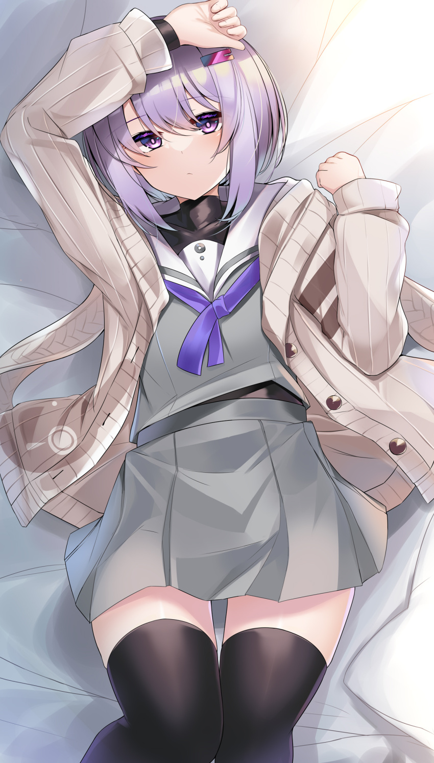 1girl a.i._voice absurdres bed_sheet beige_jacket black_legwear cardigan collar eyebrows_visible_through_hair grey_serafuku grey_skirt highres kutan looking_at_viewer lying on_back on_bed purple_hair short_hair skirt solo thigh-highs violet_eyes voiceroid white_collar yuzuki_yukari yuzuki_yukari_(shizuku) zettai_ryouiki