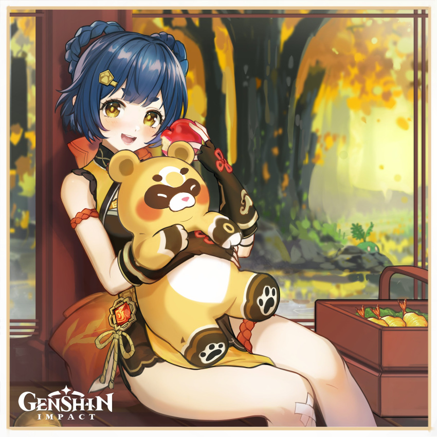 1girl absurdres animal apple artist_request bandaid bandaid_on_knee black_gloves blue_hair blush chair closed_eyes crossed_bandaids english_commentary fingerless_gloves food fruit genshin_impact gloves guoba_(genshin_impact) hair_ornament hair_rings hairclip highres holding holding_food holding_fruit looking_at_viewer official_art open_mouth sitting slime_(genshin_impact) vision_(genshin_impact) xiangling_(genshin_impact) yellow_eyes