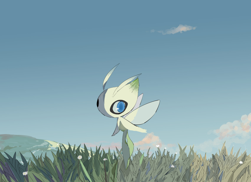 antennae apios1 blue_eyes blue_sky celebi clouds commentary day fairy fairy_wings floating flower from_side full_body gen_2_pokemon grass highres legendary_pokemon looking_back mountainous_horizon mythical_pokemon no_humans no_mouth outdoors pokemon pokemon_(creature) sky solo white_flower wings