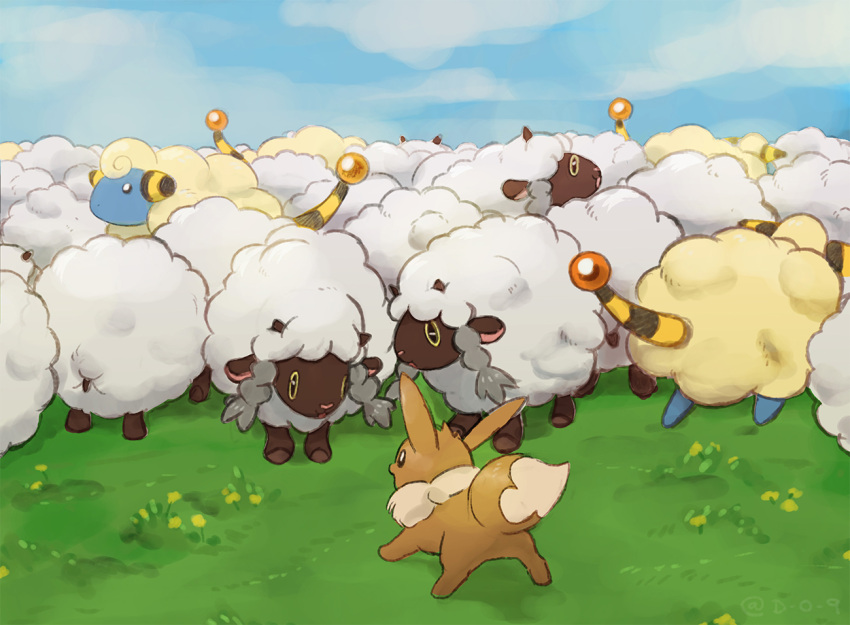 clouds commentary day do9bessa eevee english_commentary gen_1_pokemon gen_2_pokemon gen_8_pokemon grass mareep no_humans outdoors pokemon pokemon_(creature) sheep sky wooloo