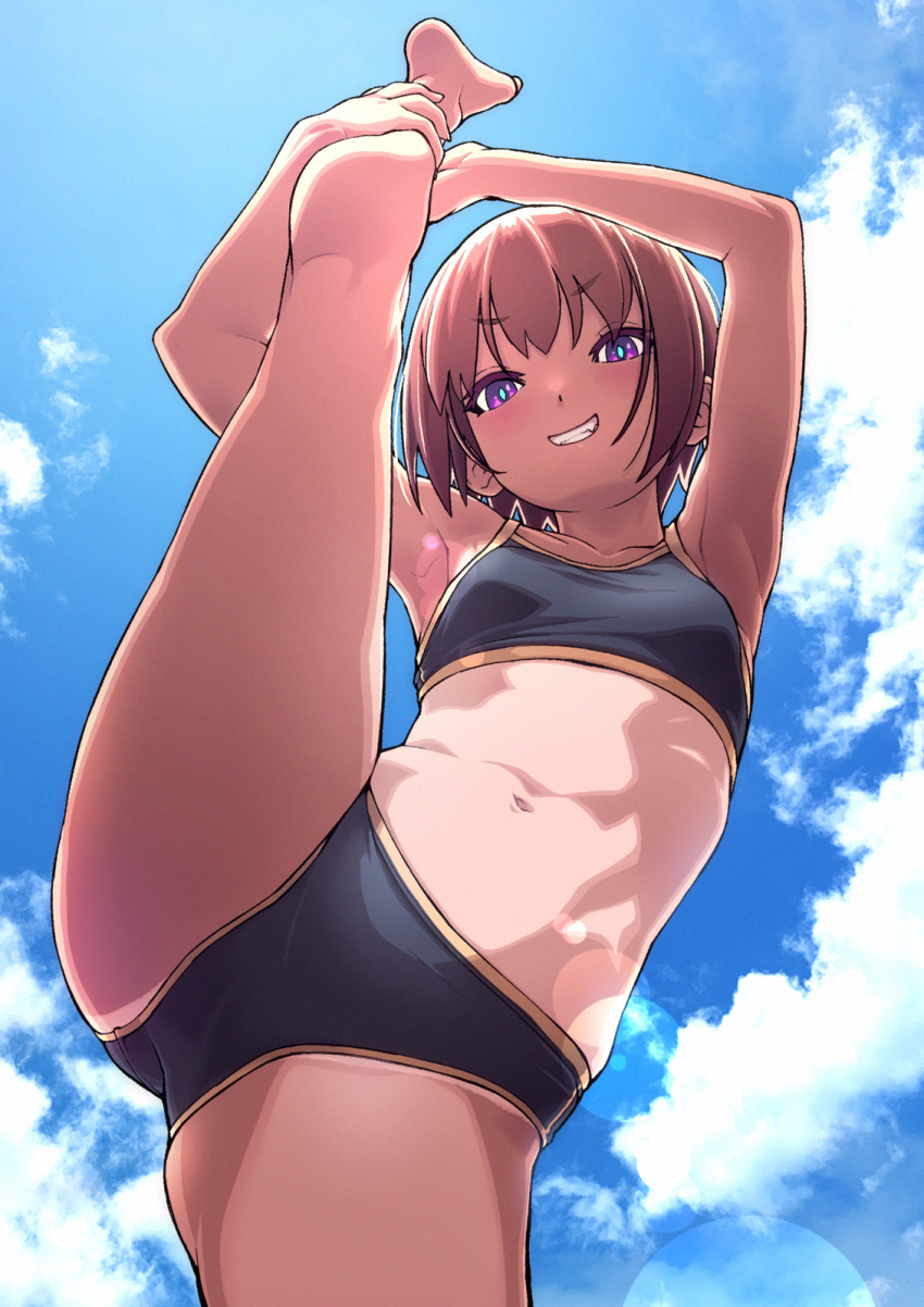 1girl armpits bangs barefoot bikini black_bikini blush breasts brown_hair clouds commentary day foreshortening from_below glowing glowing_eyes grin hand_on_own_leg highres looking_at_viewer looking_down midriff navel original short_hair sky small_breasts smile smug solo split sports_bikini standing standing_on_one_leg standing_split swimsuit tan tanlines v-shaped_eyebrows violet_eyes wang-pac