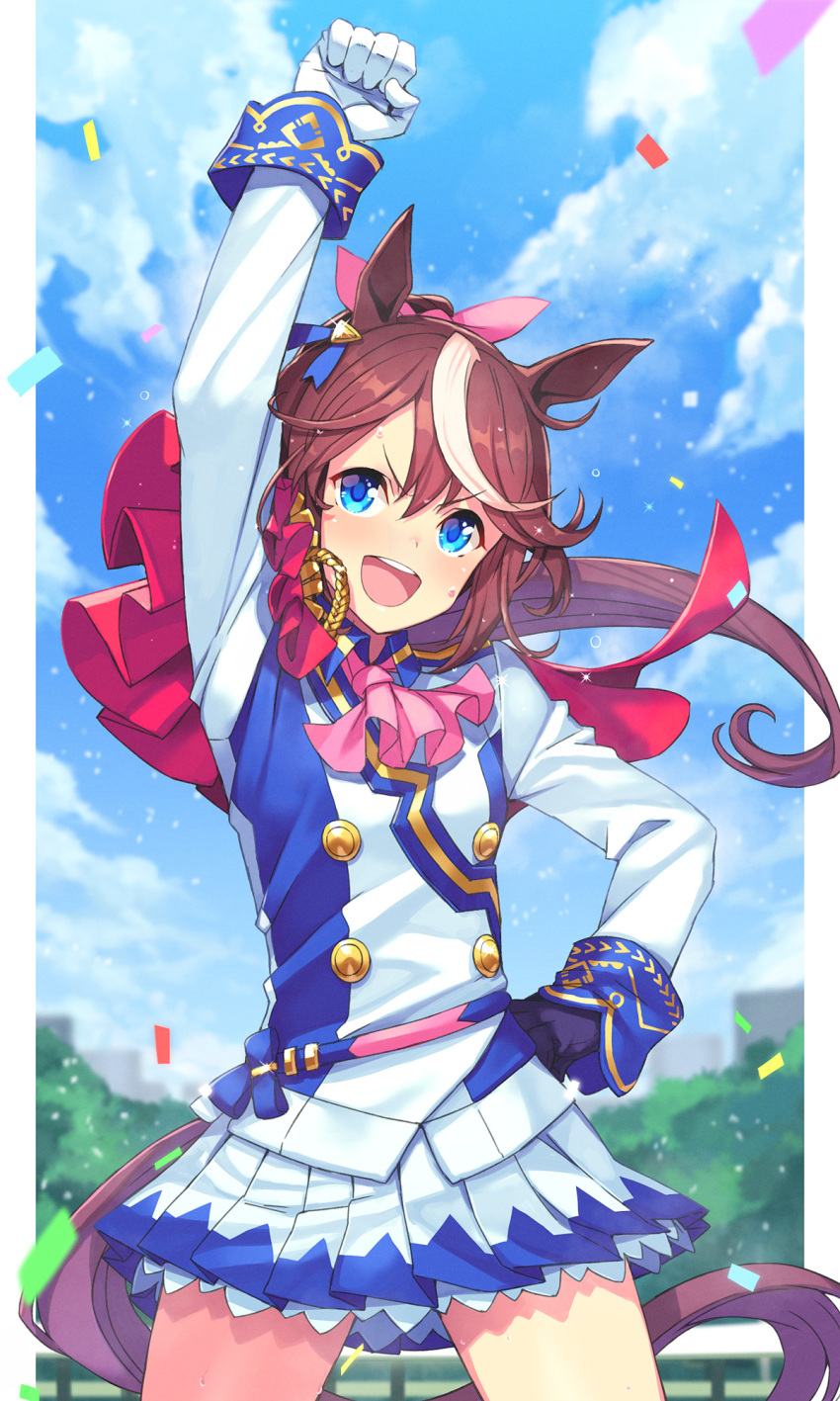 1girl :d animal_ears asymmetrical_gloves blue_eyes blue_gloves brown_hair capelet cowboy_shot gloves grey_background hand_on_hip hand_up highres horse_ears horse_tail idol itou_(onsoku_tassha) jacket long_sleeves miniskirt mismatched_gloves multicolored_hair open_mouth pleated_skirt ponytail red_capelet round_teeth skirt smile solo standing streaked_hair sweat tail teeth tokai_teio_(umamusume) umamusume upper_teeth v-shaped_eyebrows white_gloves