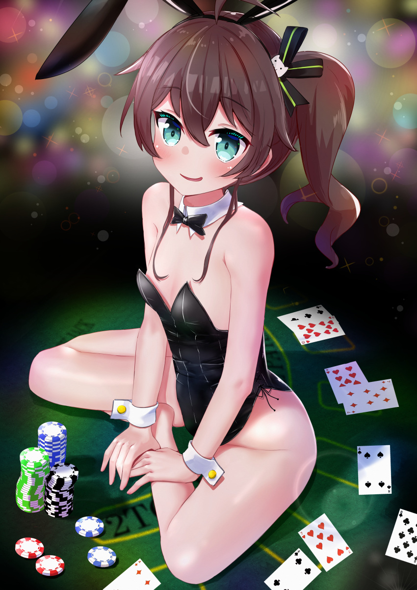 absurdres animal_ears bangs bare_legs black_leotard black_ribbon blackjack_table blush bow bowtie breasts brown_hair card cat_hair_ornament commentary detached_collar fake_animal_ears green_eyes hair_between_eyes hair_ornament hair_ribbon highres hololive leotard natsuiro_matsuri ontake2009 open_mouth oversized_breast_cup playboy_bunny playing_card poker_chip rabbit_ears ribbon short_hair side_ponytail sitting sitting_on_table small_breasts smile strapless strapless_leotard virtual_youtuber wrist_cuffs