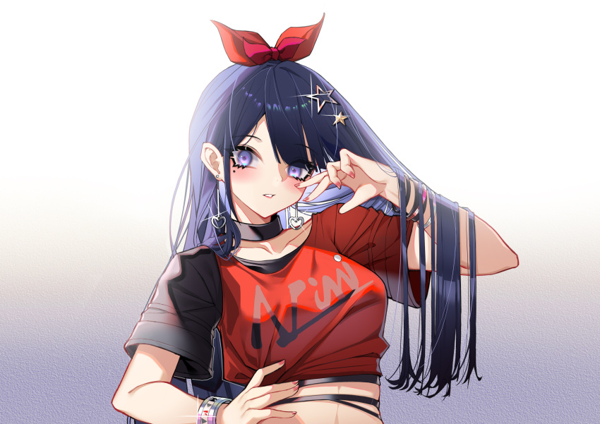 1girl a-soul absurdres akinatsu_meguru bangs bella_(a-soul) black_collar black_hair black_shirt blush bow bracelet breasts collar commentary_request crop_top earrings eyebrows_visible_through_hair eyes_visible_through_hair hair_bow hair_ornament hand_on_hip hand_up heart heart_earrings highres jewelry long_hair looking_at_viewer medium_breasts midriff mole mole_under_eye nail_polish parted_lips pink_nails red_bow red_shirt shirt single_sleeve solo star_(symbol) star_hair_ornament upper_body violet_eyes