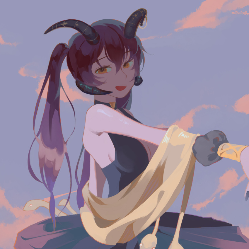 1girl black_dress black_nails chinese_commentary commentary_request dress ellie_niunai_zhuyi_zhe fingernails hair_between_eyes hand_up highres horns long_fingernails long_hair looking_at_viewer open_mouth orange_eyes original plunging_neckline purple_hair sash sky smile snake solo twintails upper_body wrist_cuffs yellow_sash