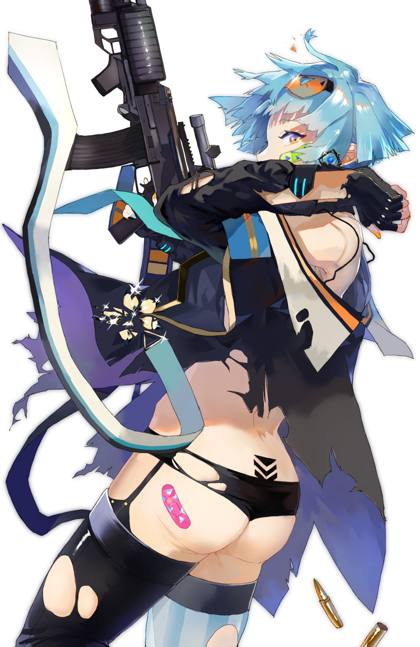 1girl absurdres ass back black_gloves black_panties blue_hair cartridge eyebrows_visible_through_hair eyewear_on_head fingerless_gloves girls_frontline gloves gun hand_in_hair highres holding holding_weapon iitenkidesune looking_back looking_to_the_side multicolored multicolored_clothes multicolored_legwear nail_polish panties patch short_hair solo torn_clothes torn_gloves torn_jacket torn_legwear underwear weapon white_background yellow_eyes yellow_nails zas_m21_(girls_frontline) zastava_m21