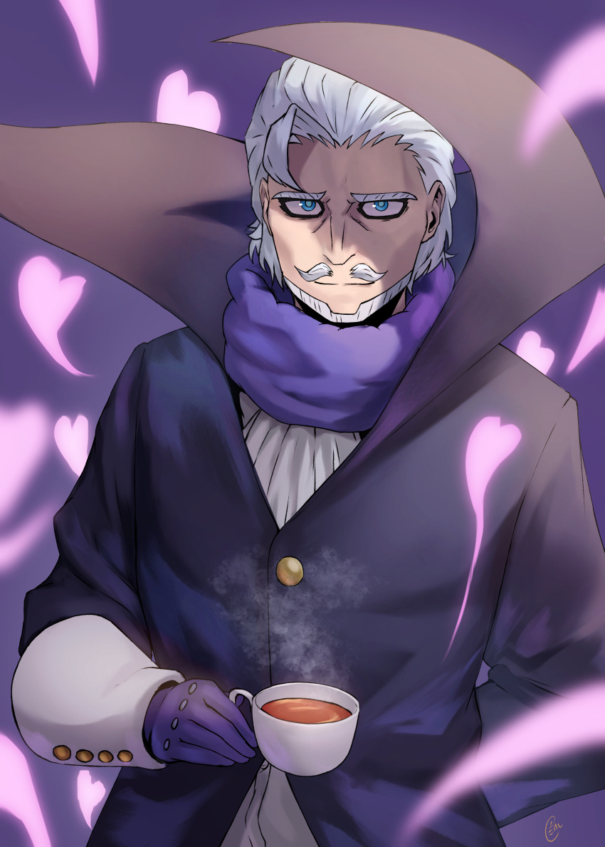 1boy absurdres blue_eyes boku_no_hero_academia cup facial_hair gloves grey_hair heart highres holding holding_cup looking_at_viewer male_focus mustache peppertomo purple_background purple_gloves simple_background solo teacup tobita_danjuro upper_body