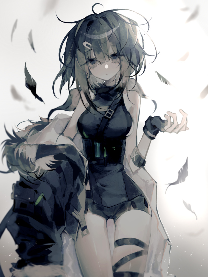 1girl arknights bangs bare_shoulders black_shorts blunt_bangs chinese_commentary feathers fingerless_gloves fur-trimmed_jacket fur_trim gloves highres infection_monitor_(arknights) jacket kakakakakaake la_pluma_(arknights) medium_hair shorts sleeveless solo thigh_strap