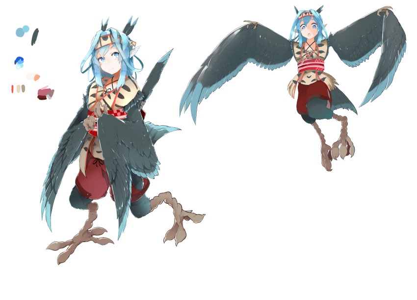 1girl absurdres animal_ears animal_hands bangs bird_ears bird_legs bird_tail black_feathers black_wings blue_eyes blue_feathers blue_hair blue_wings commentary_request eyebrows_behind_hair flying harpy highres long_hair monster_girl original rnd.jpg sidelocks tail tail_feathers traditional_clothes two-tone_tail two-tone_wings winged_arms wings