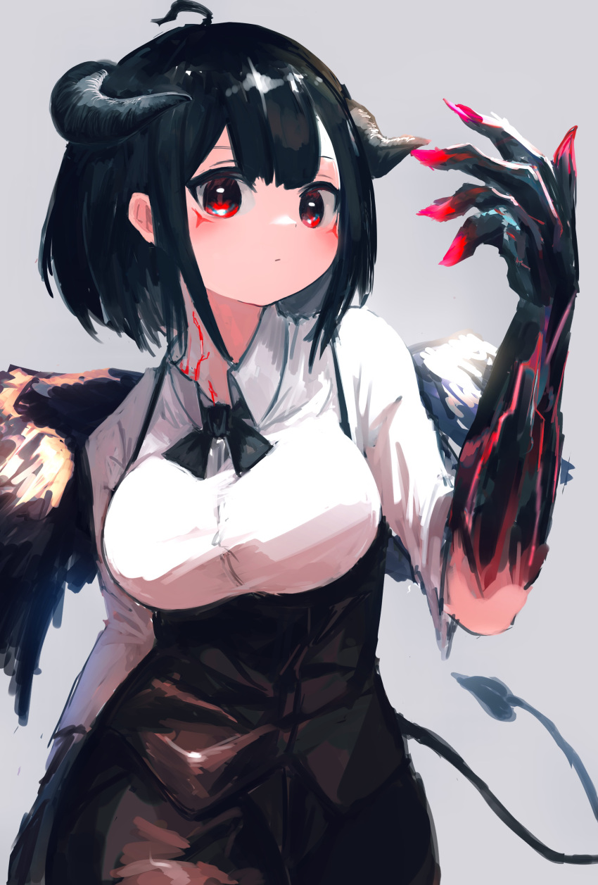 1girl absurdres ahoge animal_hands black_hair black_neckwear black_skirt bow bowtie breasts claws closed_mouth commentary cowboy_shot demon_girl demon_horns demon_tail english_commentary expressionless facial_mark grey_background highres horns large_breasts original otoma_(matoi0603) red_eyes shirt short_hair short_sleeves simple_background skirt solo suspender_skirt suspenders tail white_shirt wings