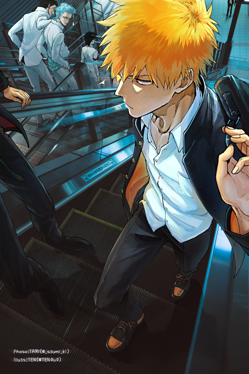 6+boys absurdres armband bangs black_footwear black_hair black_jacket black_pants bleach blue_eyes blue_hair briefcase character_request collarbone collared_shirt escalator facing_away facing_viewer green_shirt highres holding holding_briefcase jacket kurosaki_ichigo leaning_back long_sleeves looking_back looking_to_the_side male_cleavage medium_hair multiple_boys open_clothes open_jacket orange_hair out_of_frame over_shoulder pants partially_unbuttoned photo_background real_life school_briefcase school_uniform shirt short_hair sign spiky_hair standing suitcase ten0u0 walking white_footwear white_jacket white_pants white_shirt