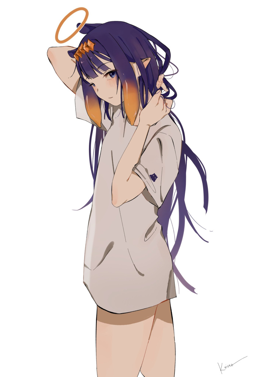 1girl blue_eyes blush english_commentary from_side grey_shirt hair_behind_ear halo hand_on_own_neck highres hololive hololive_english keisea long_hair looking_at_viewer ninomae_ina'nis no_pants purple_hair shirt solo t-shirt tentacle_hair very_long_hair virtual_youtuber white_background