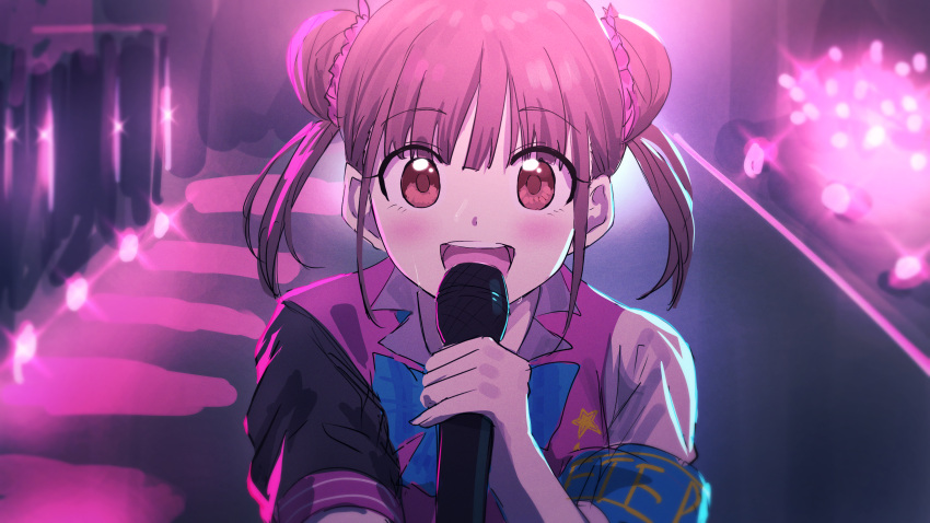1girl :d absurdres armband bangs blue_bow bow brown_eyes brown_hair double_bun eyebrows_visible_through_hair hair_between_eyes highres holding holding_microphone huge_filesize idolmaster idolmaster_shiny_colors jacket looking_at_viewer microphone misaki_nonaka open_mouth pink_jacket short_sleeves smile solo sonoda_chiyoko twintails upper_body upper_teeth