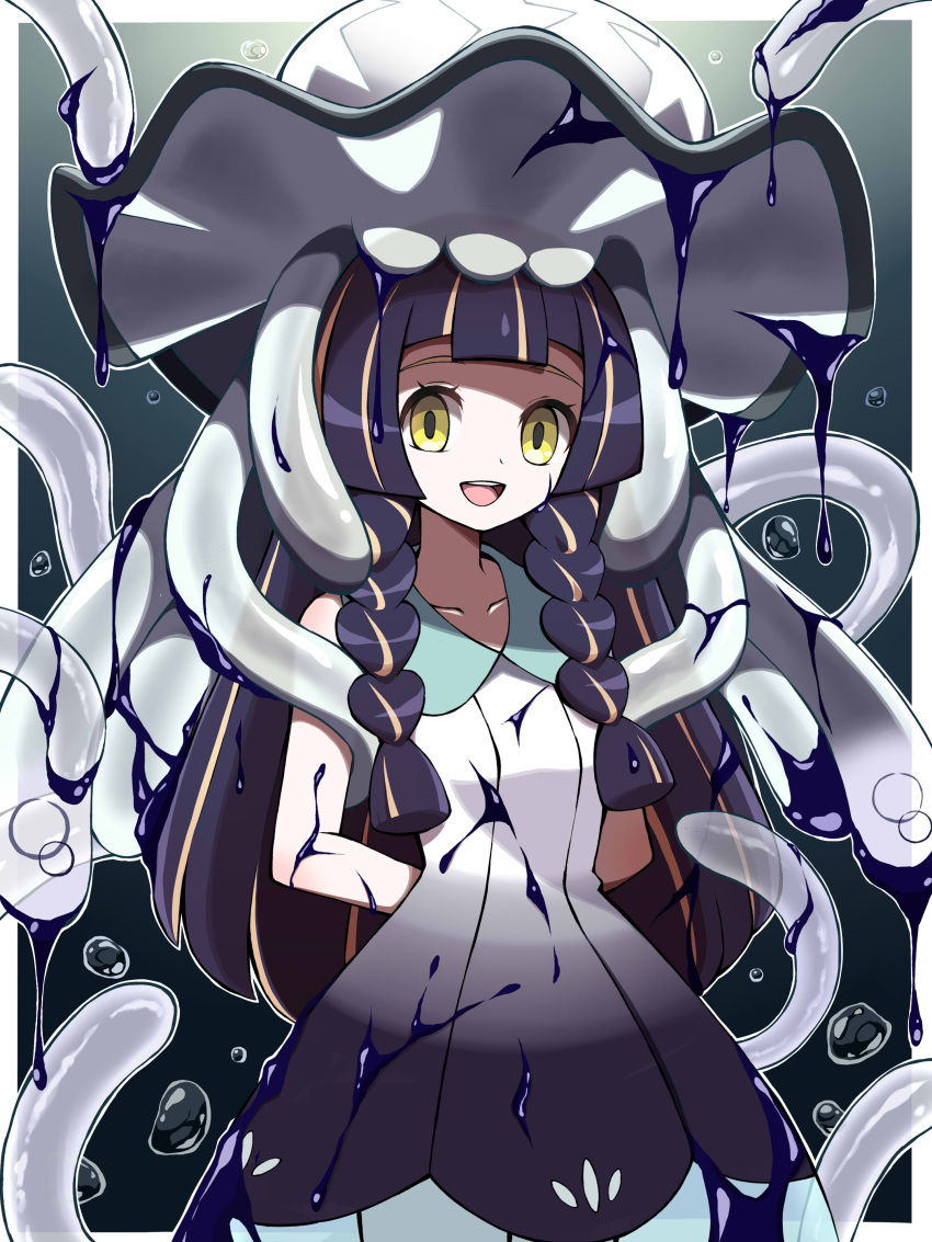 1girl :d absurdres alternate_hair_color arms_behind_back bangs black_hair blunt_bangs border braid collarbone collared_dress commentary_request dress eyelashes gen_7_pokemon green_eyes highres ink lillie_(pokemon) long_hair looking_at_viewer nihilego on_head open_mouth outside_border pokemon pokemon_(creature) pokemon_(game) pokemon_on_head pokemon_sm shabana_may sleeveless sleeveless_dress smile sundress tongue twin_braids ultra_beast upper_teeth white_border white_dress