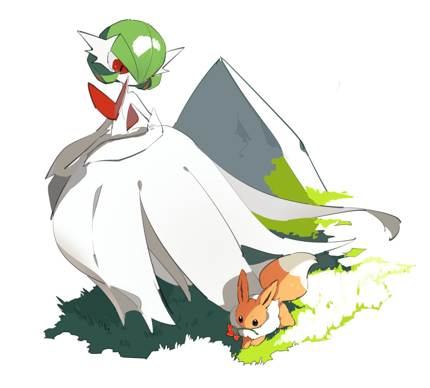 1girl apios1 bangs bare_shoulders black_eyes blank_eyes bob_cut colored_skin commentary day dress eevee elbow_gloves flat_chest flower full_body gardevoir gen_1_pokemon gen_3_pokemon gloves grass green_hair hair_over_one_eye highres looking_at_another looking_down mega_gardevoir mega_pokemon moss mouth_hold no_mouth outdoors pokemon pokemon_(creature) red_eyes red_flower rock shiny shiny_hair short_hair simple_background sketch solo_focus standing strapless strapless_dress white_background white_dress white_gloves white_skin