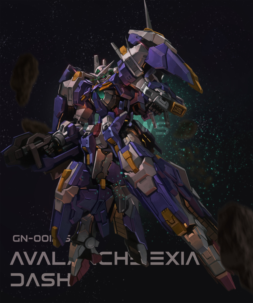absurdres aqua_eyes brayanong999 character_name clenched_hand floating gun gundam gundam_00 gundam_00v gundam_avalanche_exia highres holding holding_gun holding_weapon looking_down mecha mobile_suit no_humans science_fiction v-fin watermark weapon
