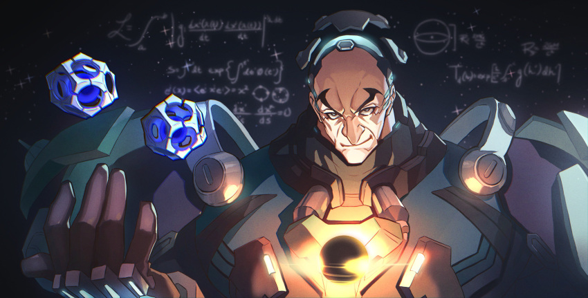 1boy armor bald black_hole chalkboard equation floating floating_object highres mechanical_parts nishikawa_eito overwatch sigma_(overwatch) solo