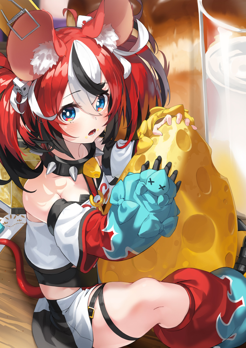 1girl absurdres animal_ears bow cheese collar dice_hair_ornament food hair_ornament hakos_baelz highres holocouncil hololive hololive_english key_necklace kimyo mouse mouse_ears mouse_girl mouse_tail mousetrap rat solo spiked_collar spikes tail tail_bow tail_ornament virtual_youtuber
