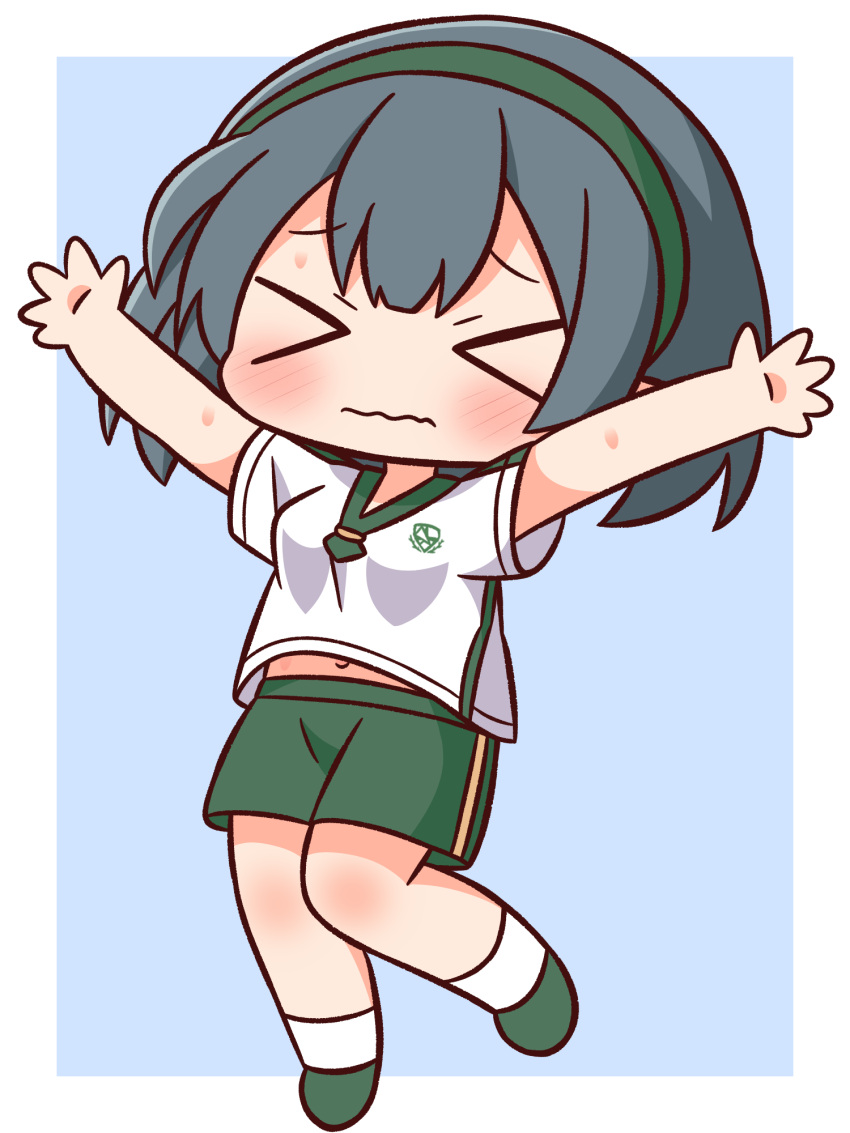 &gt;_&lt; 1girl arms_up bangs blue_background blush breasts character_request chibi closed_eyes closed_mouth facing_viewer full_body green_footwear green_hairband green_shorts grey_hair gym_shirt gym_shorts gym_uniform hairband hana_kazari highres navel outstretched_arms princess_connect! shirt shoes short_sleeves shorts small_breasts socks solo two-tone_background wavy_mouth white_background white_legwear
