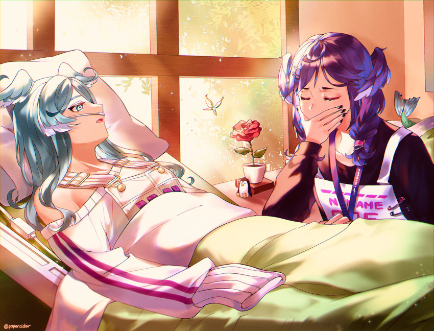 2girls black_nails blue_eyes blue_hair bug butterfly closed_eyes elira_pendora english_commentary fish_tail flower hair_over_one_eye head_wings highres insect lying multiple_girls nijisanji nijisanji_en off_shoulder open_mouth papercider red_flower respirator selen_tatsuki siblings sisters sleeves_past_fingers sleeves_past_wrists sweater tail virtual_youtuber white_overalls white_sweater window