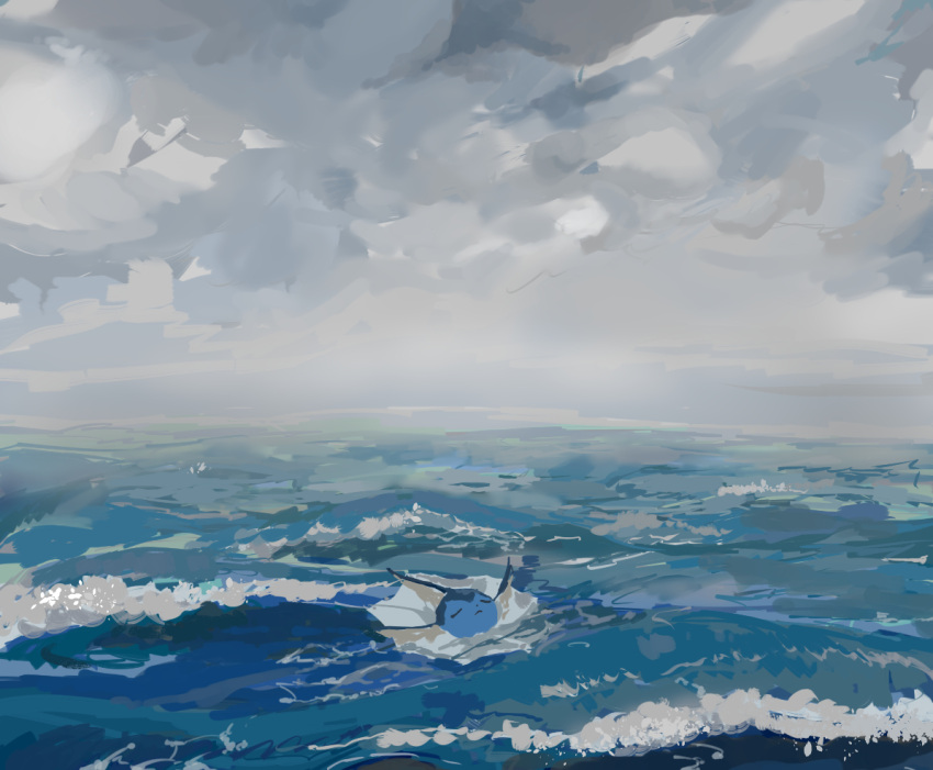 :&lt; animal_focus apios1 closed_eyes closed_mouth clouds cloudy_sky commentary day expressionless gen_1_pokemon gradient grey_sky no_humans ocean outdoors partially_submerged pokemon pokemon_(creature) sketch sky solo storm vaporeon water waves
