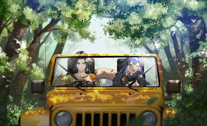 1boy 1girl absurdres android_17 antenna_hair bangs binoculars blue_eyes blush braid car closed_mouth commentary commission day dragon_ball dragon_ball_z driving eyelashes fingerless_gloves foliage gloves green_eyes green_gloves green_shirt ground_vehicle hands_up headlight highres holding holding_binoculars huge_filesize jeep jeep_wrangler looking_to_the_side motor_vehicle ninto open_mouth original outdoors rear-view_mirror shirt sitting smile steering_wheel tongue tree twin_braids upper_teeth