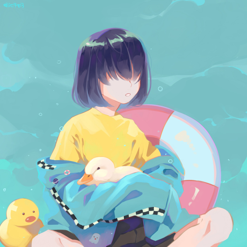 1boy animal artist_name bird black_hair black_shorts blue_background blue_jacket chinese_commentary commentary_request duck ellie_niunai_zhuyi_zhe hair_over_eyes highres holding holding_animal innertube jacket long_sleeves male_focus off_shoulder original parted_lips rubber_duck shirt short_hair shorts sitting solo yellow_shirt
