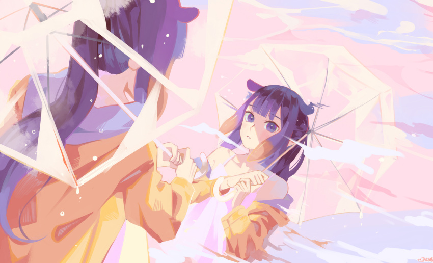 1girl bangs blunt_bangs camisole coat collarbone commentary different_reflection ellie_niunai_zhuyi_zhe english_commentary gradient_hair highres holding holding_umbrella hololive hololive_english long_hair looking_at_viewer multicolored_hair ninomae_ina'nis open_clothes open_coat orange_hair parted_lips pink_camisole ponytail purple_hair rain reflection reflective_water signature solo tentacle_hair transparent transparent_umbrella umbrella violet_eyes virtual_youtuber yellow_coat