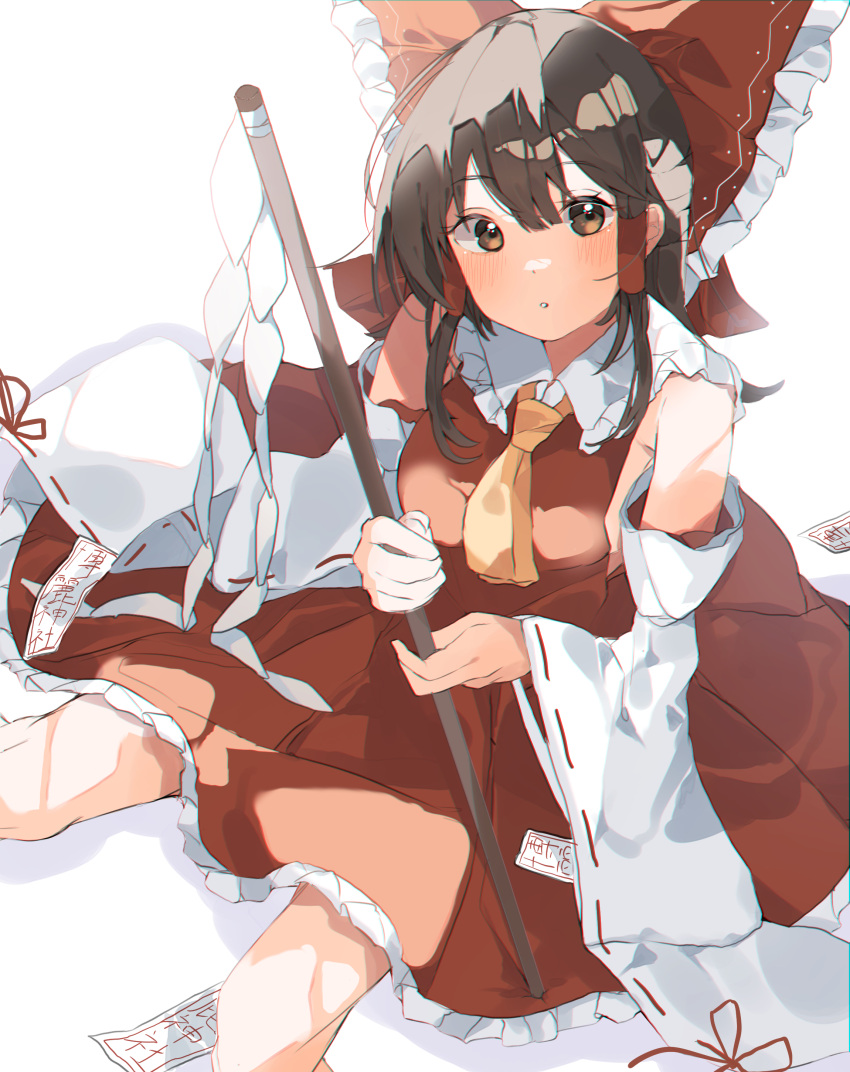 1girl absurdres ascot bangs bare_shoulders blush bow breasts brown_eyes brown_hair collar collared_dress detached_sleeves dress eyebrows_visible_through_hair gohei gominami hair_between_eyes hair_ornament hair_tubes hakurei_reimu hands_up highres long_sleeves looking_at_viewer looking_up medium_breasts open_mouth red_bow red_dress shadow short_hair simple_background sitting solo touhou white_background wide_sleeves yellow_neckwear