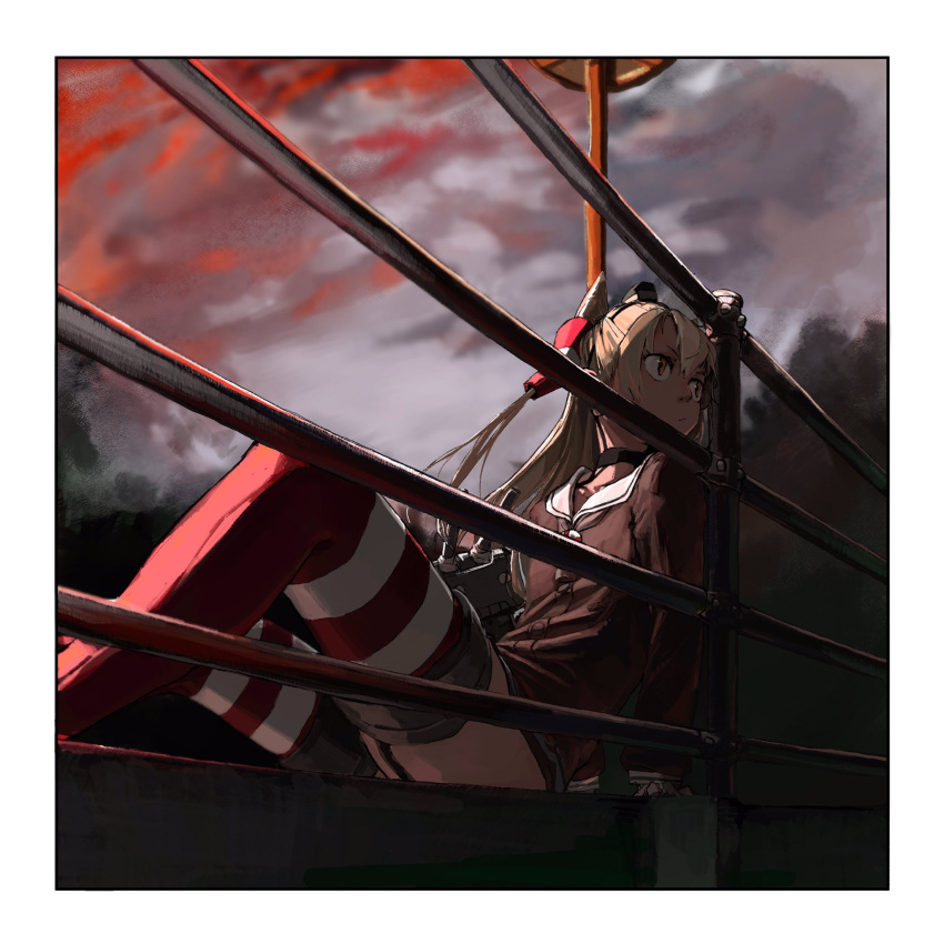 1girl amatsukaze_(kancolle) bangs border brown_dress closed_mouth clouds dress evening garter_straps hair_tubes highres kantai_collection long_hair long_sleeves orange_eyes outdoors pazuu red_legwear rensouhou-kun sailor_collar sailor_dress silver_hair sitting sky striped thigh-highs two_side_up white_border