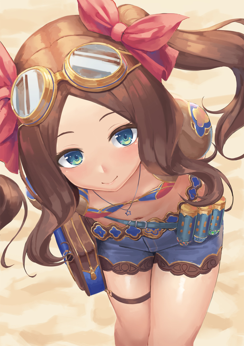 1girl arms_behind_back bangs bikini bikini_top blue_eyes blue_shorts blush breasts brown_hair collarbone fate/grand_order fate_(series) forehead goggles hair_ribbon highres jewelry leaning_forward leonardo_da_vinci_(fate) long_hair looking_at_viewer necklace parted_bangs puffy_short_sleeves puffy_sleeves ranma_(kamenrideroz) red_bikini red_ribbon ribbon short_shorts short_sleeves shorts shrug_(clothing) sidelocks small_breasts smile solo swimsuit thighs twintails