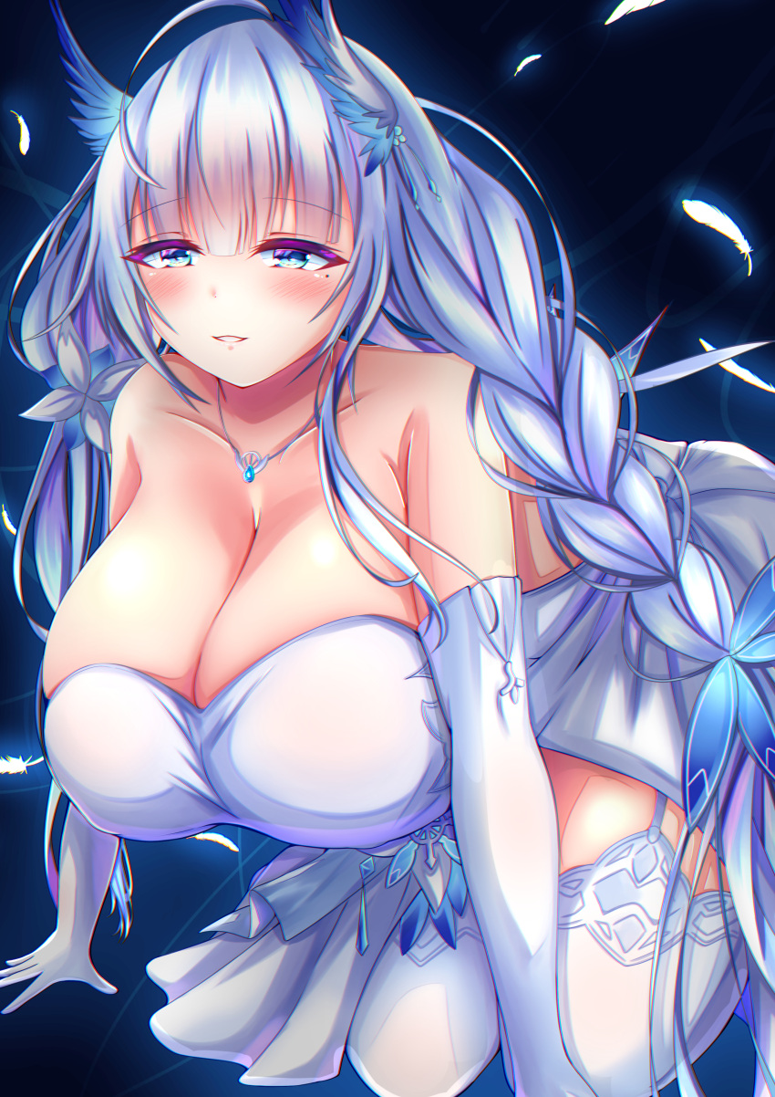 1girl @r@t@ absurdres azur_lane blue_eyes blue_ribbon braid breasts cocktail_dress dress elbow_gloves evening_gown eyebrows_visible_through_hair feather_hair_ornament feathers garter_straps gloves hair_ornament hair_ribbon hair_wings highres huge_breasts illustrious_(azur_lane) illustrious_(illustrious_ballroom)_(azur_lane) long_hair looking_at_viewer official_alternate_costume ribbon sapphire_(gemstone) simple_background sleeveless sleeveless_dress solo strapless strapless_dress twin_braids white_dress white_feathers white_gloves white_legwear