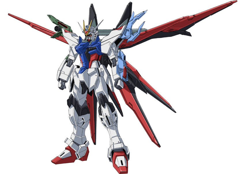 clenched_hands gundam gundam_breaker_battlogue gundam_perfect_strike_freedom highres mecha mechanical_wings mobile_suit no_humans official_art science_fiction solo standing transparent_background v-fin wings yellow_eyes