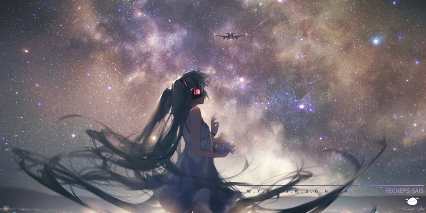 1girl aircraft airplane artist_name backwards_text bare_arms bare_shoulders blue_flower bouquet commentary_request dress facing_away flower glowing green_hair hatsune_miku headphones highres holding holding_bouquet long_hair night night_sky outdoors sky sleeveless sleeveless_dress solo spencer_sais star_(sky) starry_sky twintails very_long_hair vocaloid white_dress white_flower