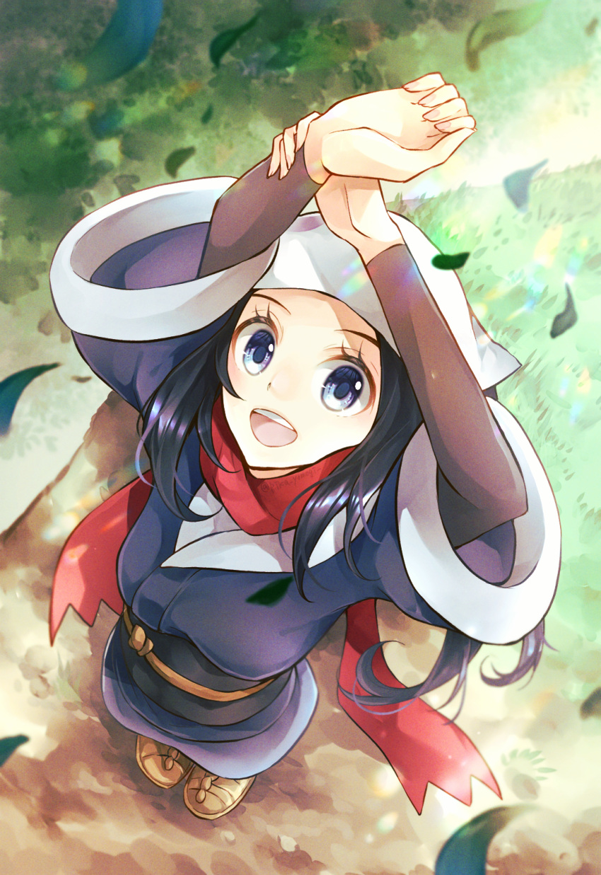 1girl :d akari_(pokemon) arms_up black_hair brown_footwear commentary day eyelashes from_above grass grey_eyes head_scarf highres jacket leaves_in_wind long_hair looking_at_viewer looking_up open_mouth outdoors pokemon pokemon_(game) pokemon_legends:_arceus red_scarf sash scarf shiny shiny_hair shoes sidelocks smile solo stretch undershirt upper_teeth white_headwear yomogi_(black-elf)