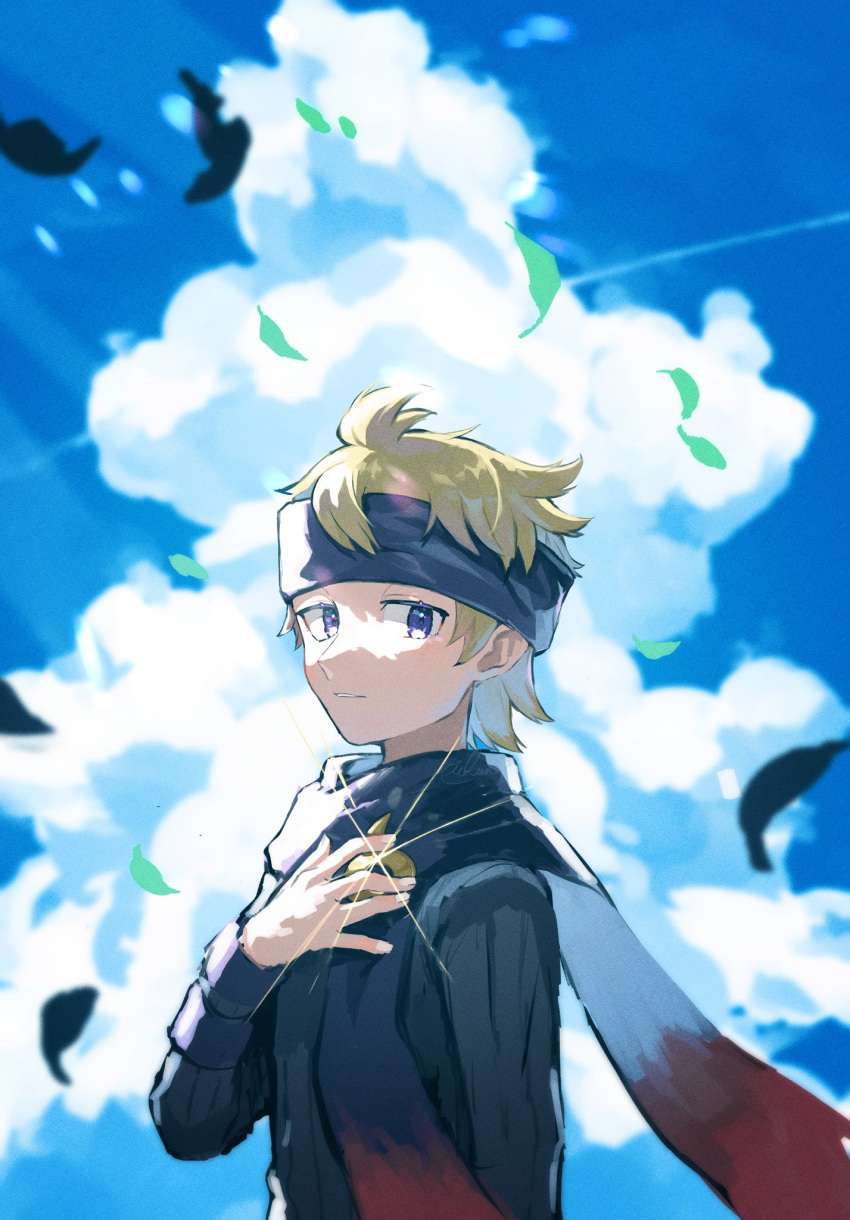 1boy black_sweater blonde_hair blurry clouds day falling_leaves glint hand_up headband highres leaf long_sleeves looking_at_viewer male_focus morty_(pokemon) outdoors parted_lips pokemon pokemon_(game) pokemon_hgss ribbed_sweater scarf short_hair sky solo sweater upi_(ukn18pkanother) upper_body violet_eyes