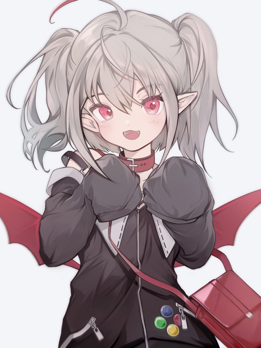 1girl :d absurdres ahoge bag bangs black_dress collar commentary_request demon_wings dress eyebrows_visible_through_hair fangs grey_background grey_hair hair_between_eyes hands_up highres long_sleeves looking_at_viewer makaino_ririmu nijisanji off-shoulder_dress off_shoulder open_mouth pointy_ears red_collar red_eyes red_wings shoulder_bag simple_background sleeves_past_fingers sleeves_past_wrists smile solo twintails virtual_youtuber wings yumi_(qianching-lee)