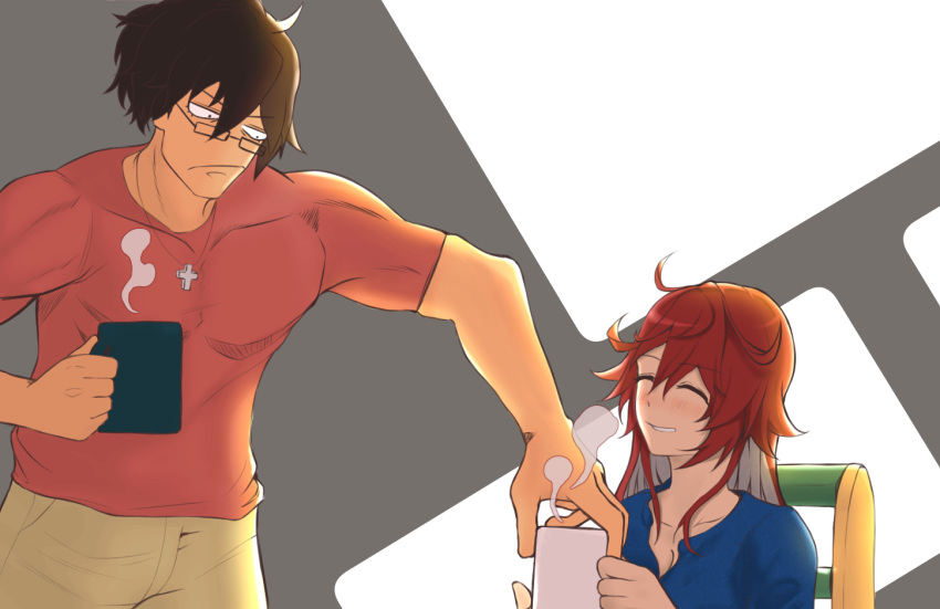 1boy 1girl aria_(guilty_gear) brown_eyes casual coffee_mug couple cup glasses guilty_gear happy jack-o'_valentine long_hair mug multicolored_hair muscular muscular_male shirt smile sol_badguy t-shirt two-tone_hair