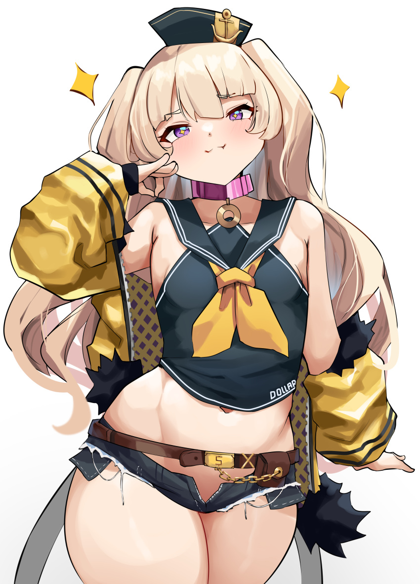 1girl absurdres anchor_symbol azur_lane bache_(azur_lane) bangs belt black_sailor_collar blonde_hair breasts collar cromwellb cutoffs fur-trimmed_jacket fur_trim hair_between_eyes hat highres jacket micro_shorts midriff off-shoulder_jacket off_shoulder ok_sign open_clothes open_shorts pink_collar sailor_collar sailor_hat short_eyebrows shorts single_thighhigh small_breasts star_(symbol) thigh-highs two_side_up violet_eyes yellow_jacket