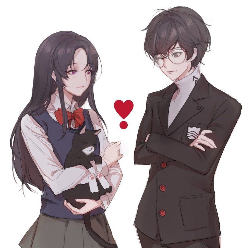 1boy 1girl amamiya_ren animal animal_hug bangs black_hair black_jacket bow brown_skirt cat closed_mouth collared_shirt commentary_request crossed_arms glasses grey_shirt heart highres holding holding_animal holding_cat jacket long_hair long_sleeves looking_at_another morgana_(persona_5) one_eye_closed original persona persona_5 pleated_skirt red_bow red_neckwear shirt short_hair simple_background skirt smile tanu0706 vest violet_eyes
