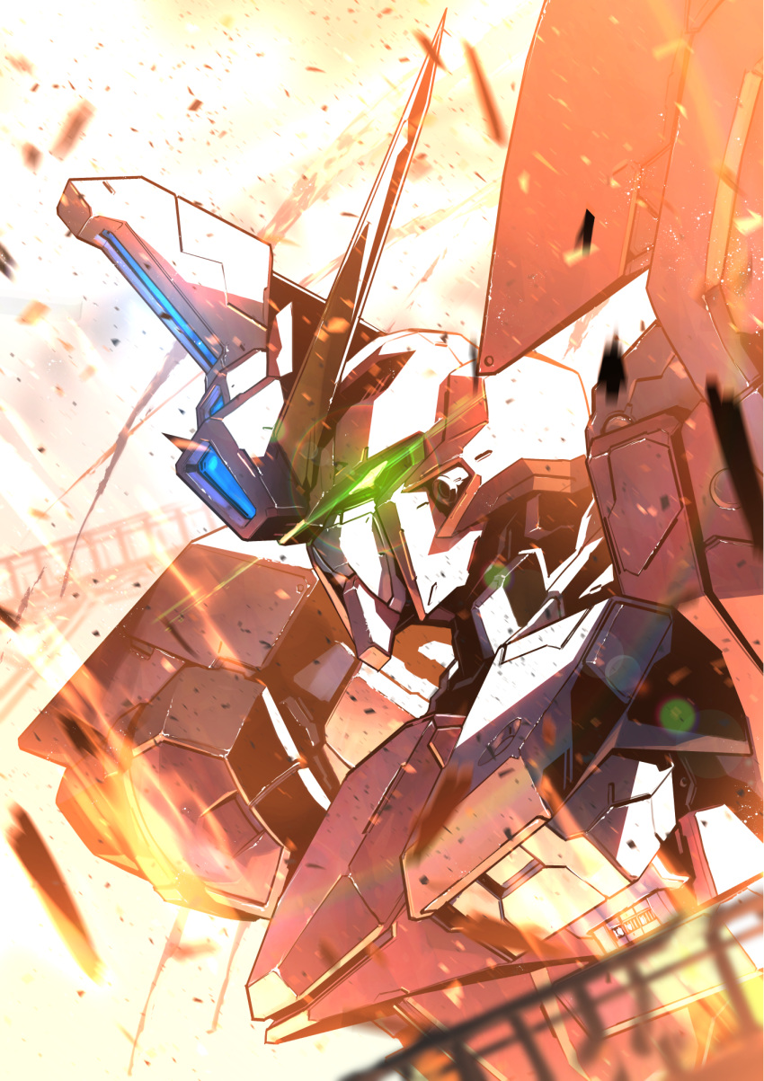 bridge from_side glowing glowing_eye green_eyes gundam gundam_seed gundam_seed_destiny highres infinite_justice_gundam kuri_giepi looking_up mecha mobile_suit no_humans science_fiction solo v-fin