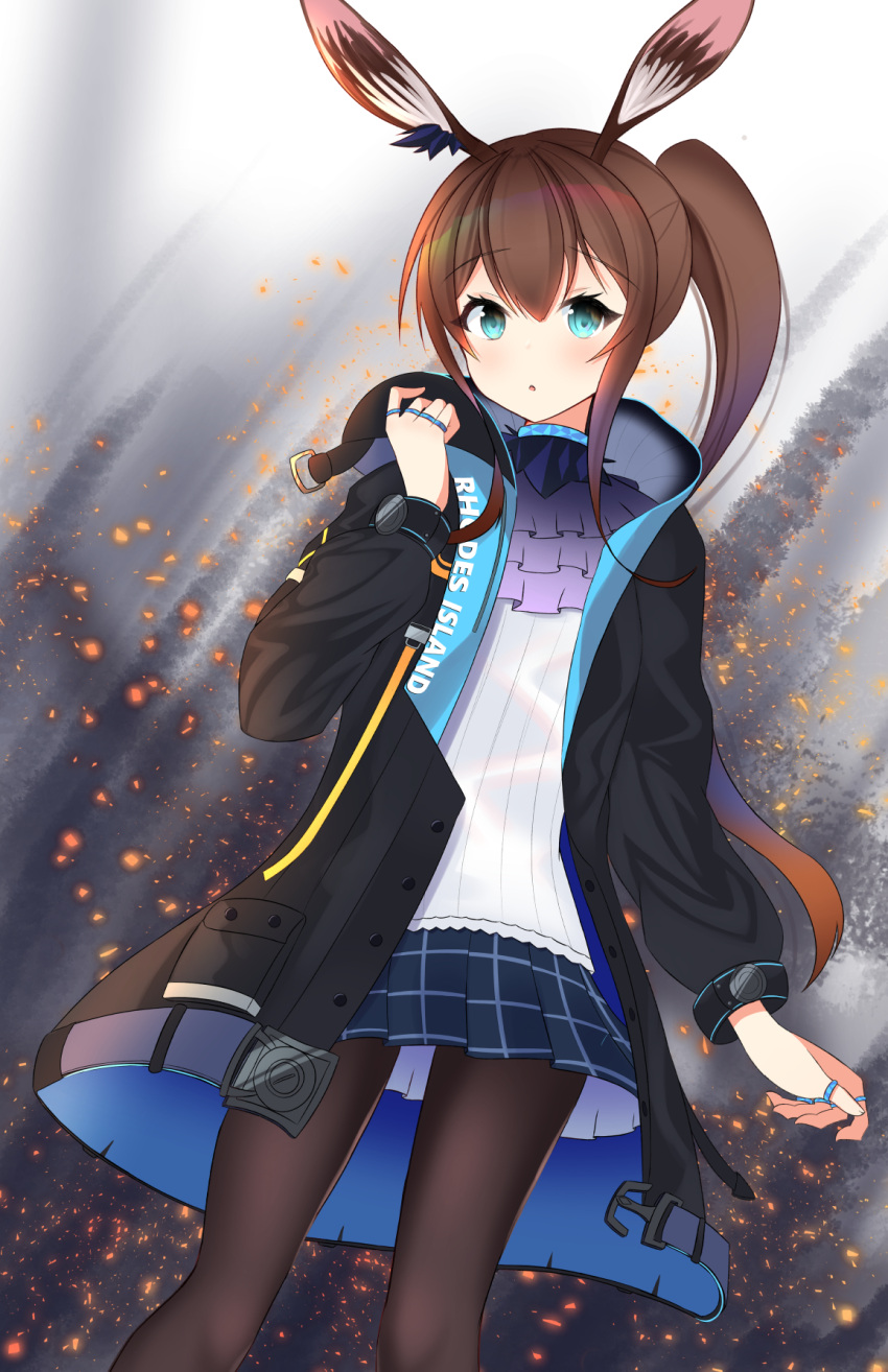 1girl amiya_(arknights) animal_ears aqua_eyes arknights ascot belt black_jacket black_legwear brown_hair clenched_hand eyebrows_visible_through_hair feet_out_of_frame frilled_shirt_collar frilled_skirt frills hair_between_eyes hand_up highres hood hooded_jacket jacket jewelry kawaiipony2 open_mouth pantyhose rabbit_ears ring side_ponytail skirt solo spark standing
