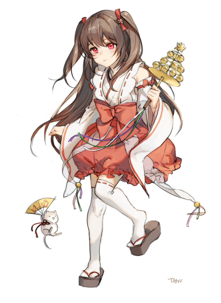 1girl animal artist_name bangs bare_shoulders blush bow brown_hair copyright_request detached_sleeves full_body hair_ribbon highres holding japanese_clothes large_bow long_hair long_sleeves looking_at_viewer mouse over-kneehighs red_bow red_eyes red_ribbon red_skirt ribbon ribbon-trimmed_legwear ribbon-trimmed_sleeves ribbon_trim sandals simple_background skirt smile solo tanu0706 thigh-highs two_side_up white_background white_legwear wide_sleeves