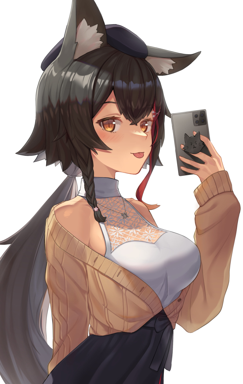 1girl animal_ears arm_behind_back bare_shoulders beret black_hair blush braid breasts brown_eyes casual cellphone collarbone from_side hair_ornament hairclip hat highres holding hololive jewelry long_hair medium_breasts multicolored_hair necklace nose ookami_mio perky_breasts phone ponytail see-through shirt sideways_glance sleeveless sleeveless_shirt smartphone streaked_hair sweater tight tight_shirt tongue tongue_out turtleneck upper_body very_long_hair virtual_youtuber wolf_ears wolf_girl woogi_(duguddnr)