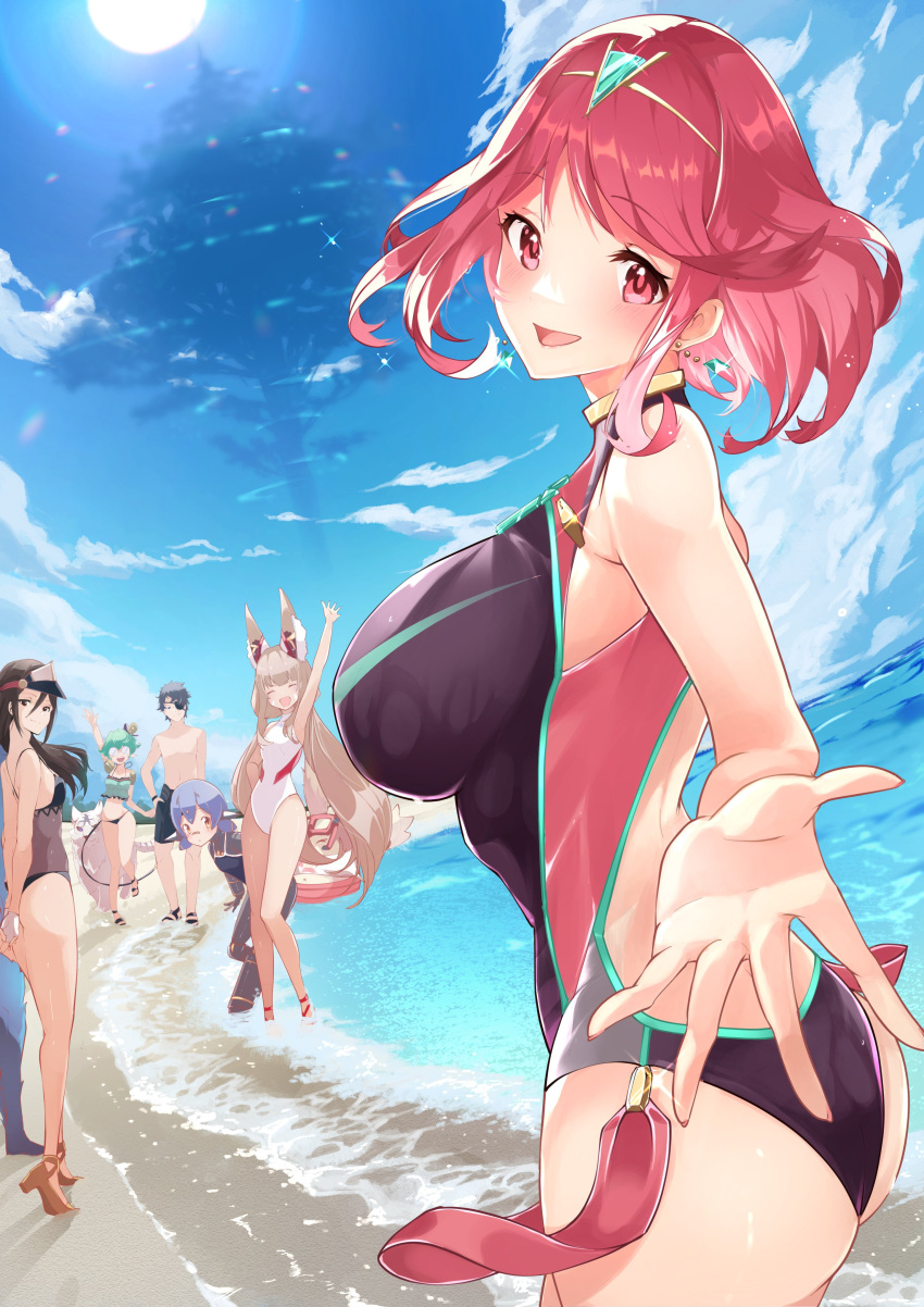 1boy 5girls absurdres animal_ears bangs black_swimsuit breasts brighid_(xenoblade) competition_swimsuit facial_mark highres large_breasts long_hair low_twintails morag_ladair_(obligatory_leave)_(xenoblade) morag_ladair_(xenoblade) multiple_girls nia_(blade)_(xenoblade) nia_(xenoblade) one-piece_swimsuit pandoria_(xenoblade) poppi_(xenoblade) poppi_alpha_(xenoblade) pyra_(pro_swimmer)_(xenoblade) pyra_(xenoblade) red_eyes red_swimsuit redhead risumi_(taka-fallcherryblossom) short_hair silver_hair swept_bangs swimsuit twintails two-tone_swimsuit very_long_hair xenoblade_chronicles_(series) xenoblade_chronicles_2 yellow_eyes zeke_von_genbu_(xenoblade)