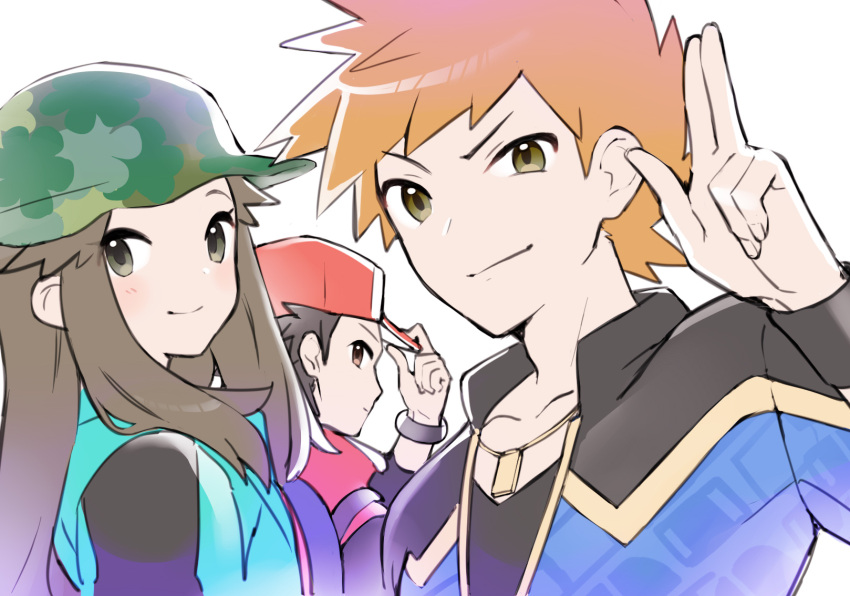 1girl 2boys bangs baseball_cap blue_oak blush bracelet brown_eyes brown_hair bucket_hat camouflage camouflage_headwear closed_mouth coat commentary_request green_coat hair_flaps hand_on_headwear hand_up hat highres jacket jewelry leaf_(pokemon) long_hair looking_at_viewer multiple_boys necklace official_alternate_costume pokemon pokemon_(game) pokemon_masters_ex red_(pokemon) red_headwear shirt smile spiky_hair tudurimike undershirt upper_body