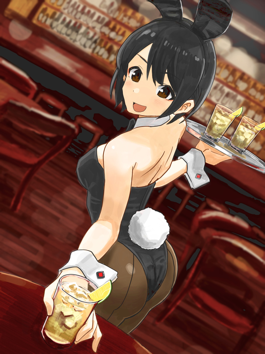 1girl :d absurdres animal_ears bangs bar bare_back bare_shoulders black_hairband black_legwear black_leotard black_neckwear blurry blurry_background blush bob_cut bow bowtie breasts brown_eyes bunny_day chair commentary cup detached_collar drinking_glass dutch_angle fake_animal_ears hairband highres ice leotard lime_slice looking_back medium_breasts open_mouth original pantyhose playboy_bunny rabbit_ears rabbit_tail serving short_hair smile strapless table tail takio_(takiotakio00) tray white_neckwear wooden_floor wrist_cuffs