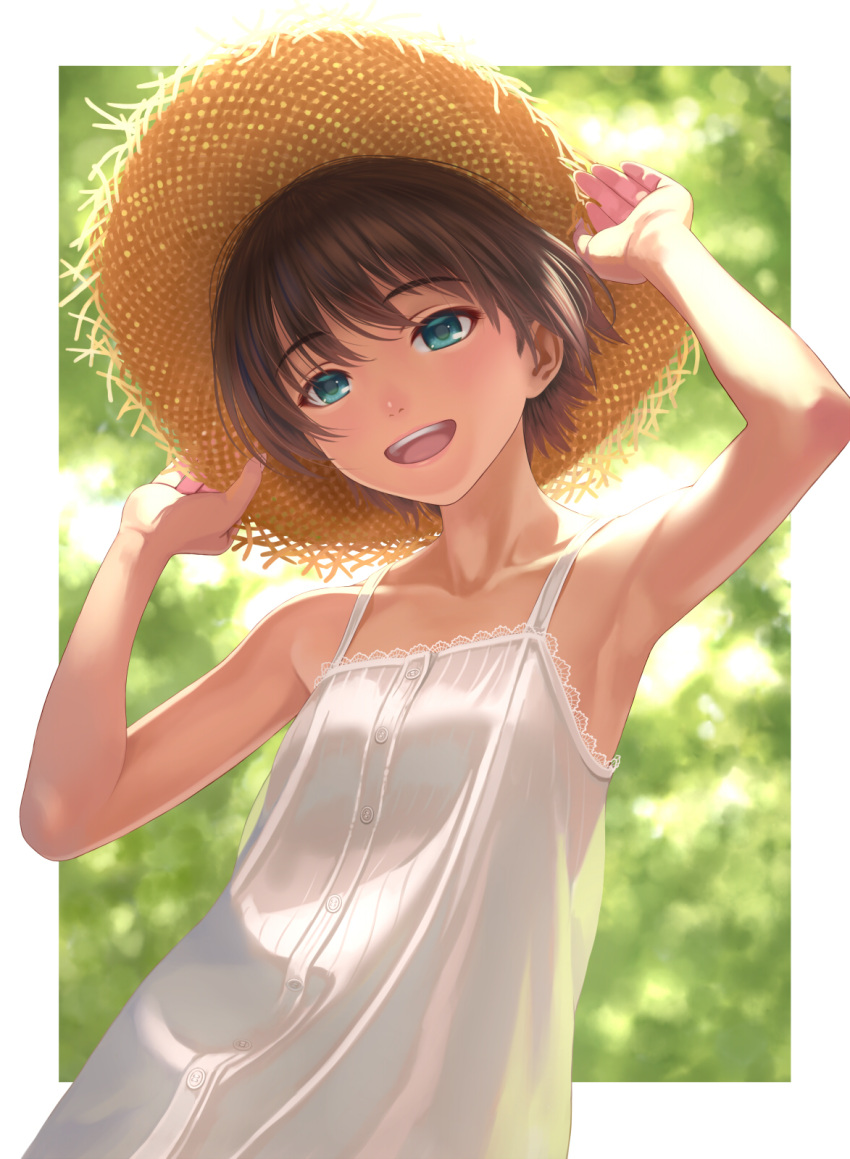 1girl :d aqua_eyes armpits arms_up backlighting bangs bare_arms bare_shoulders blurry blurry_background border brown_hair buttons collarbone commentary_request dress eyebrows_visible_through_hair hands_on_headwear hat highres idolmaster kikuchi_makoto lace-trimmed_dress lace_trim lipstick looking_at_viewer makeup nekopuchi open_mouth outside_border pink_lips short_hair sleeveless sleeveless_dress smile solo straw_hat sundress upper_body upper_teeth white_border white_dress yellow_headwear