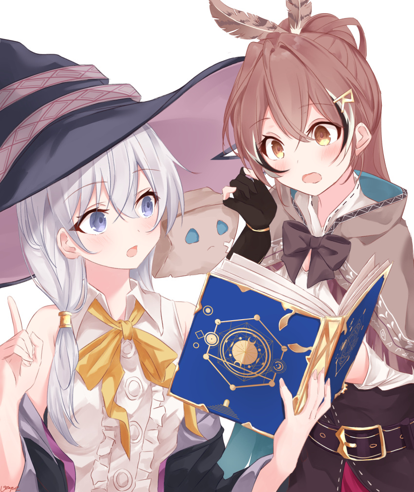 2girls :o belt black_robe blue_eyes blush book bow breasts brown_belt brown_bow brown_cloak brown_corset brown_eyes brown_hair cloak creator_connection elaina_(majo_no_tabitabi) english_commentary feather_hair_ornament feathers friend_(nanashi_mumei) gloves grey_hair hair_ornament hair_tubes hairclip hand_up hat hieroglyphics highres holding holding_book hololive hololive_english hood hooded_cloak long_hair looking_at_another majo_no_tabitabi multicolored_hair multiple_girls nanashi_mumei neck_ribbon open_mouth partially_fingerless_gloves pointing pointing_up ponytail red_skirt ribbon runes shirt simple_background skirt streaked_hair vayneeeee very_long_hair white_background white_shirt witch_hat