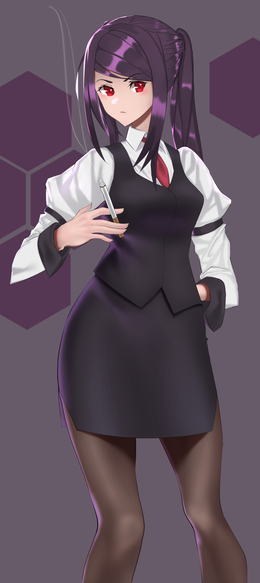 1girl absurdres black_legwear black_skirt black_vest cigarette closed_mouth eyebrows_visible_through_hair hand_in_pocket highres holding holding_cigarette jill_stingray long_hair looking_at_viewer necktie pantyhose ponytail purple_hair red_eyes red_neckwear saturndxy shirt simple_background skirt solo standing va-11_hall-a vest white_shirt